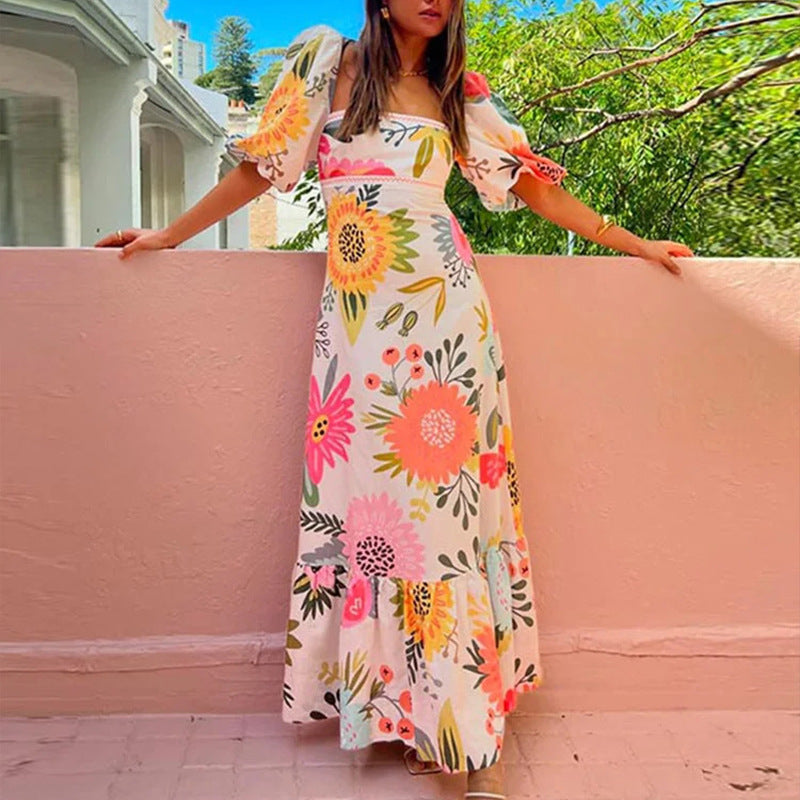 Flared Lantern Sleeve Printed Dress
