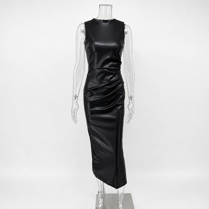 Women's Sleeveless Pleated PU Leather Long Dress