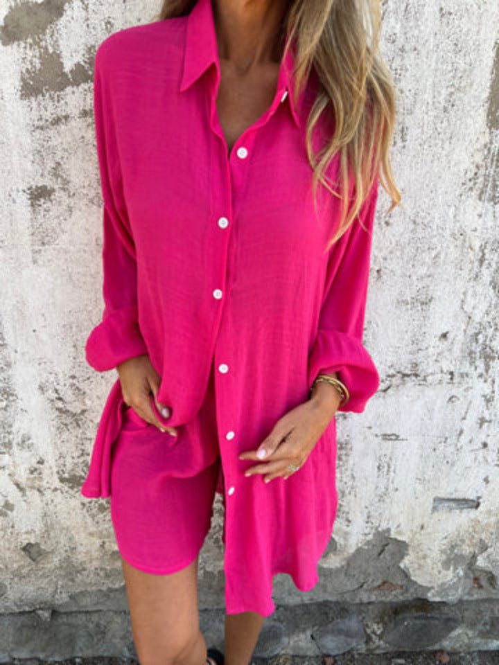 Women's Casual Cotton Linen Shirt and Shorts Set