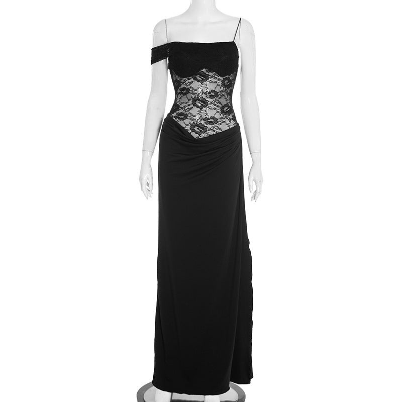 Women Solid Color Spaghetti Strap Lace Slim Fit Patchwork Dress