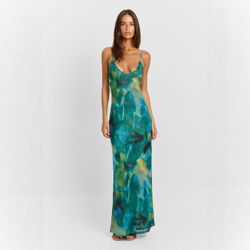 Women's Abstract Print U-Neck Backless Fishtail Hem Dress
