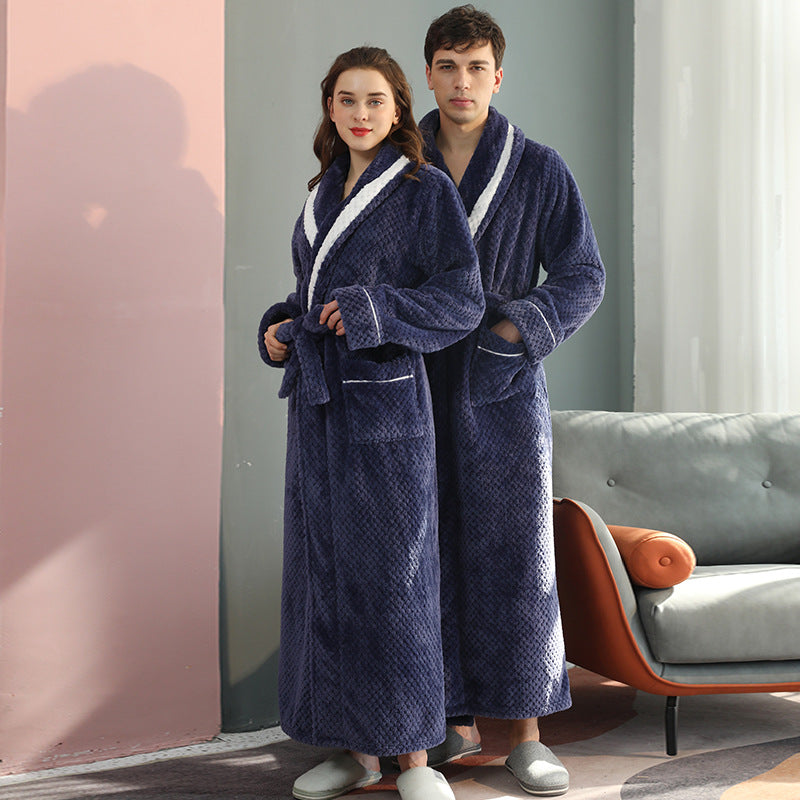 Long Thick Flannel Couple Bathrobe with Lapel Collar