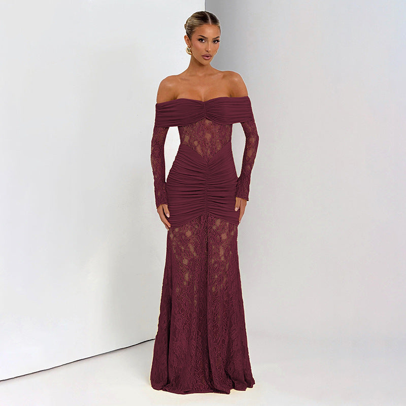 Women?s Sexy Off-Shoulder Cut-Out Long Sleeve Mermaid Maxi Dress Party Gown
