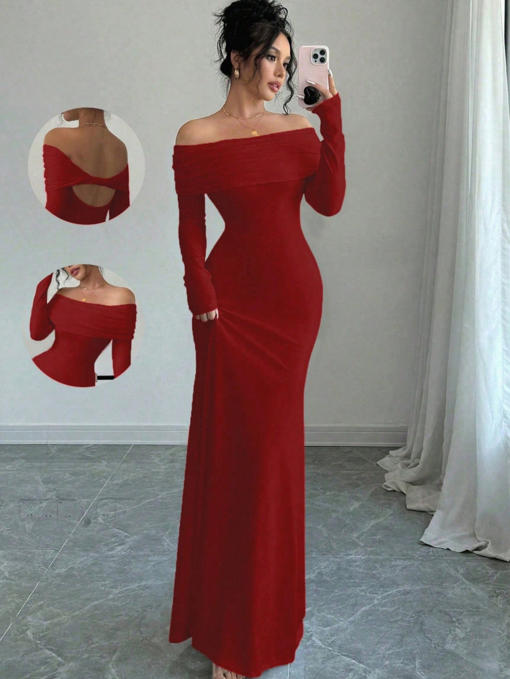 Off-Shoulder Pleated Long Evening Dress