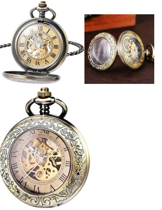 Engraved Mechanical Pocket Watch with Alloy Chain