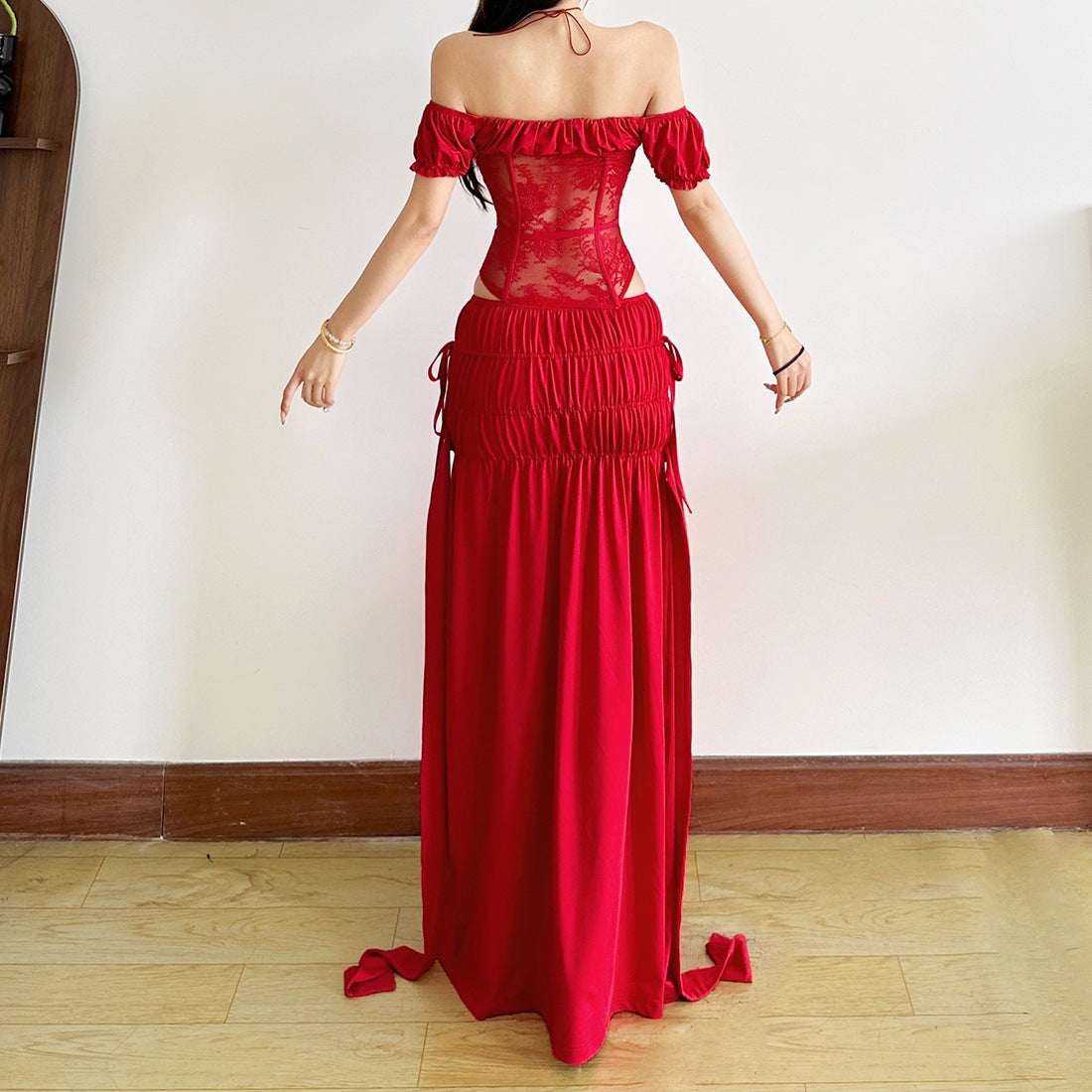 One-Shoulder Waist-Cinching Dress Set
