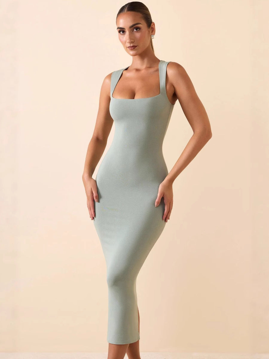Elegant Pure Color Suspender Dress