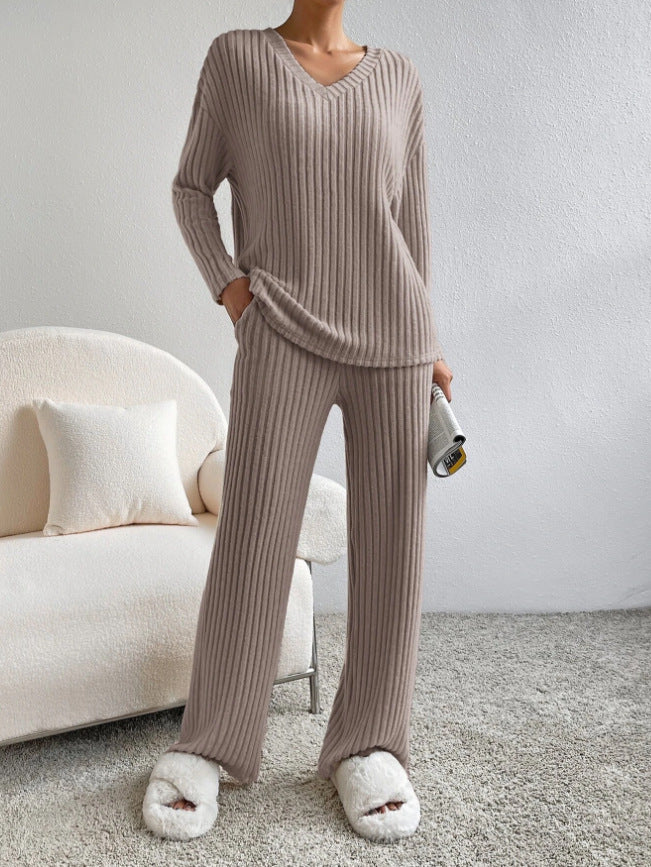 Women's V-Neck Ribbed Knit Two-Piece Set