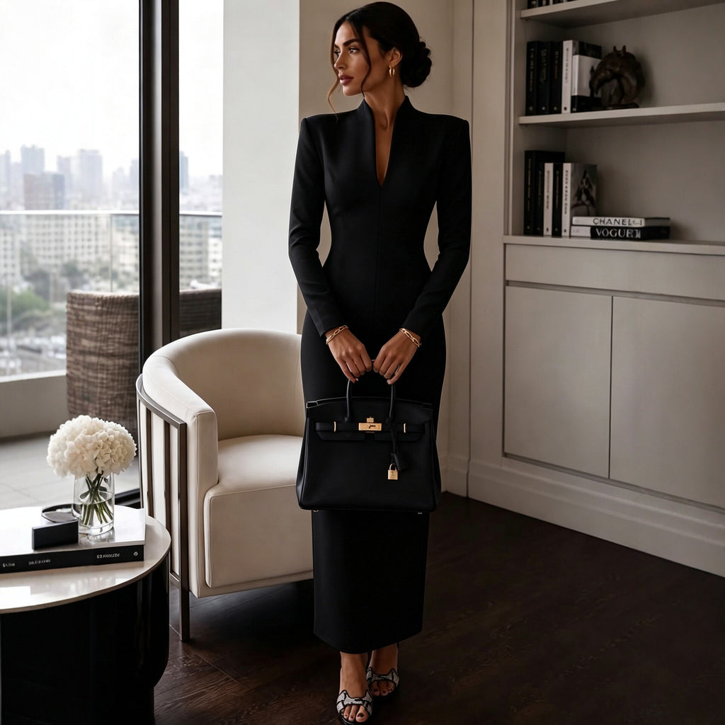 Women's Elegant Stand Collar V-Neck Long Sleeve Bodycon Dress