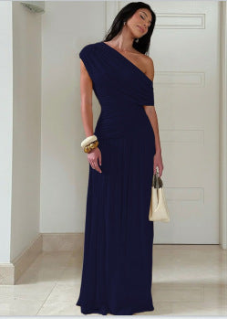 Womens Slant Collar Pleated Dress