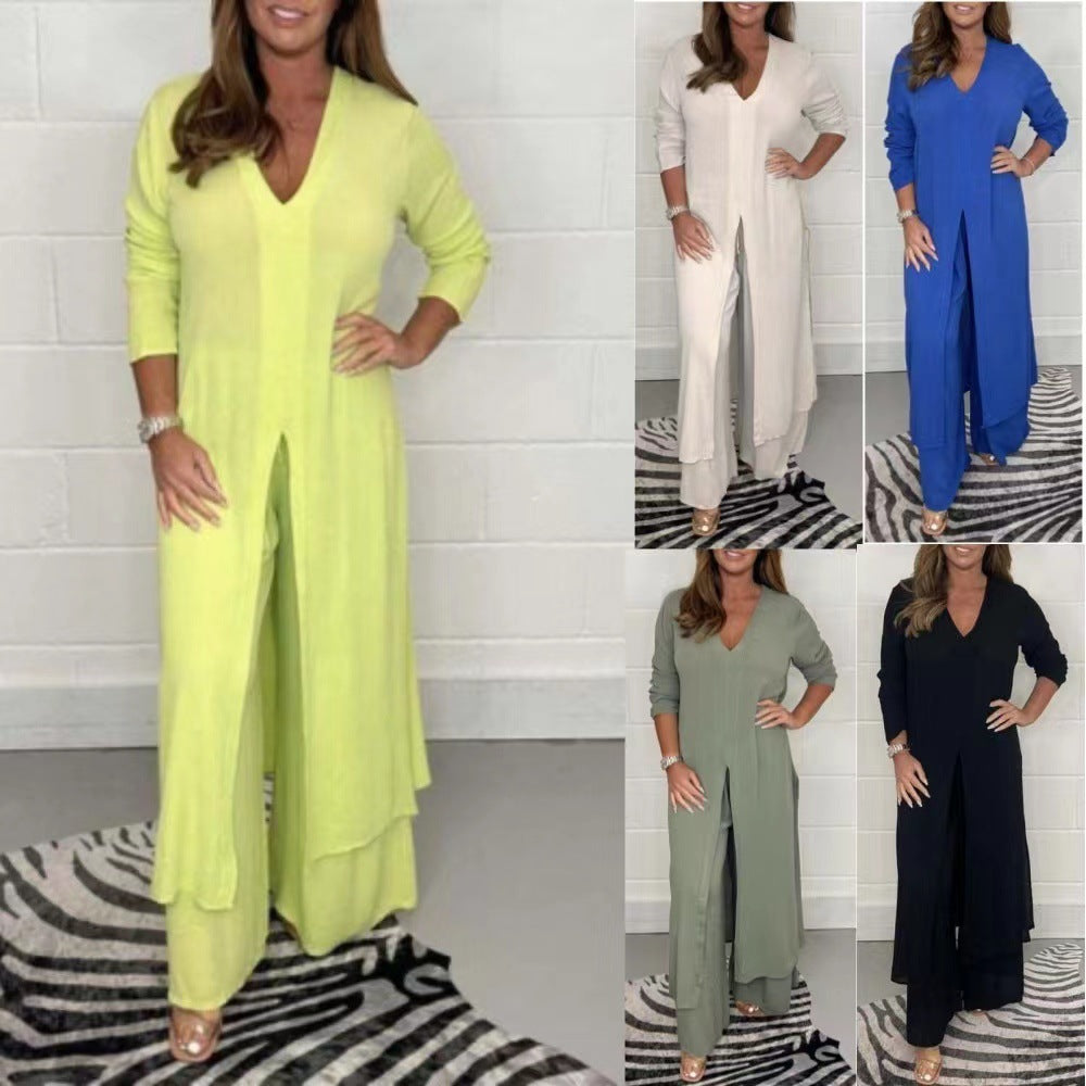 Womens Side Split Two Piece Set Long Sleeve Top and Pants Outfit