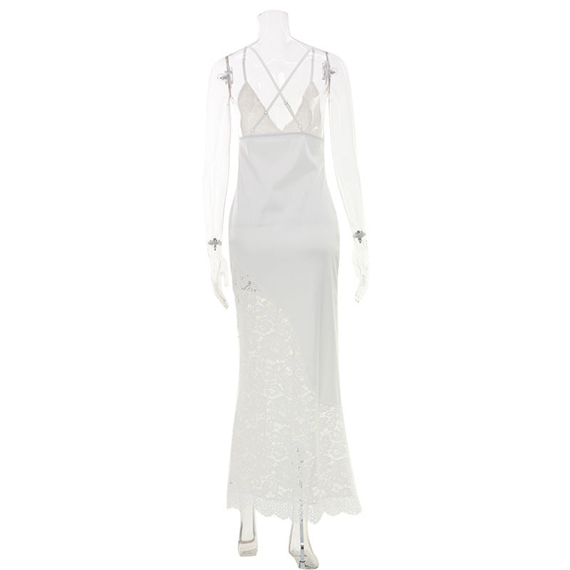 French-Style Elegant Lace Patchwork V-Neck Backless Tie-Up Evening Dress