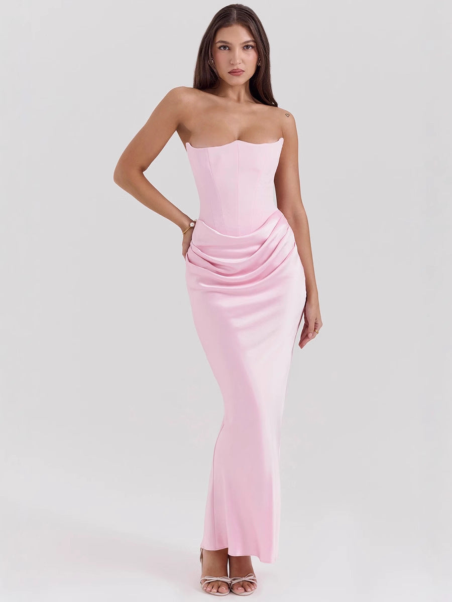 Women's Off-Shoulder Corset Pleated Bodycon Satin Maxi Dress