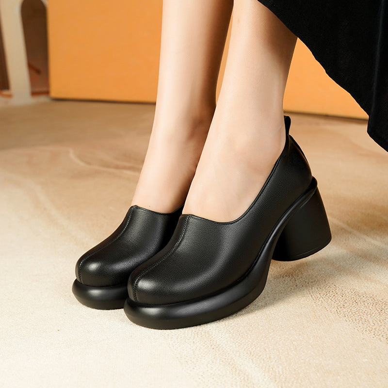 Women Leather High Heel Shoes Thick Heel Waterproof Platform British Style