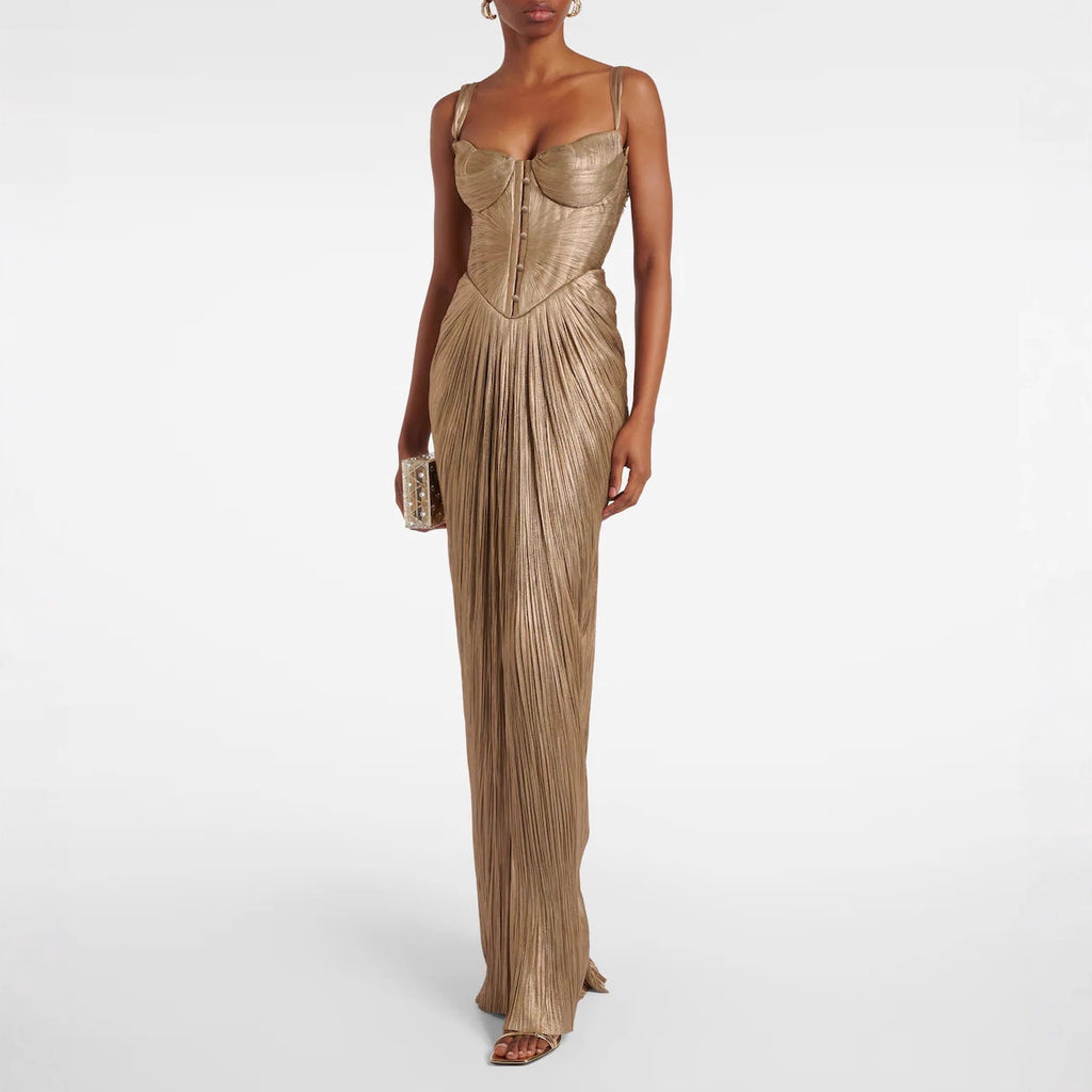 Pleated Gold Lace Up Dress