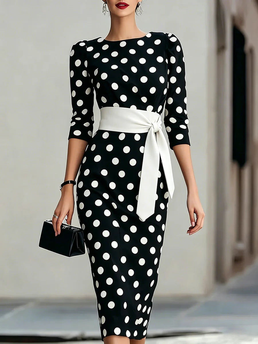 Retro Polka Dot Waist-Cinching Mid-Length Dress