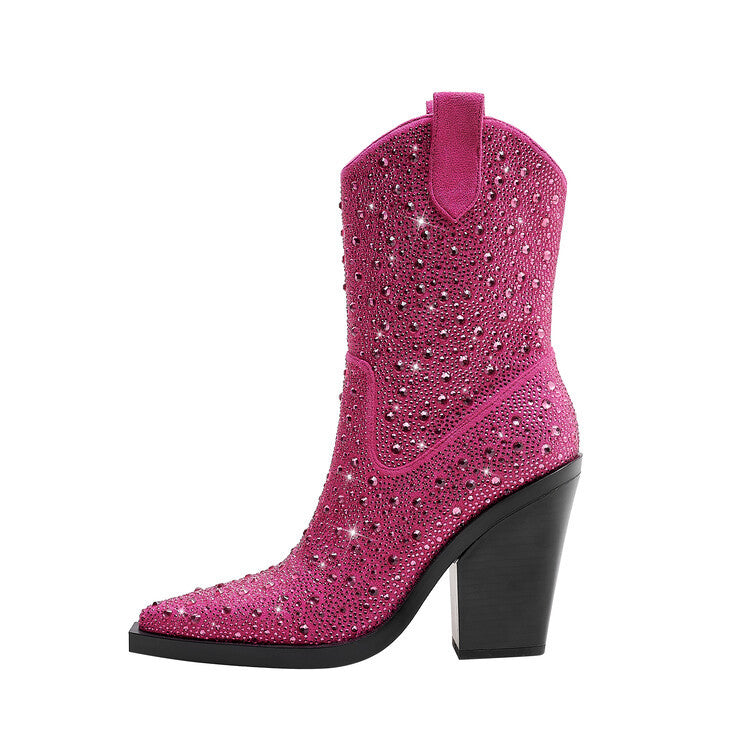 Women's Rhinestone Pointed-Toe Chunky-Heeled Western Ankle Boots with Side Zipper
