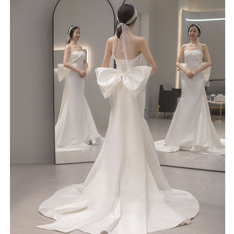 White satin strapless lightweight wedding dress