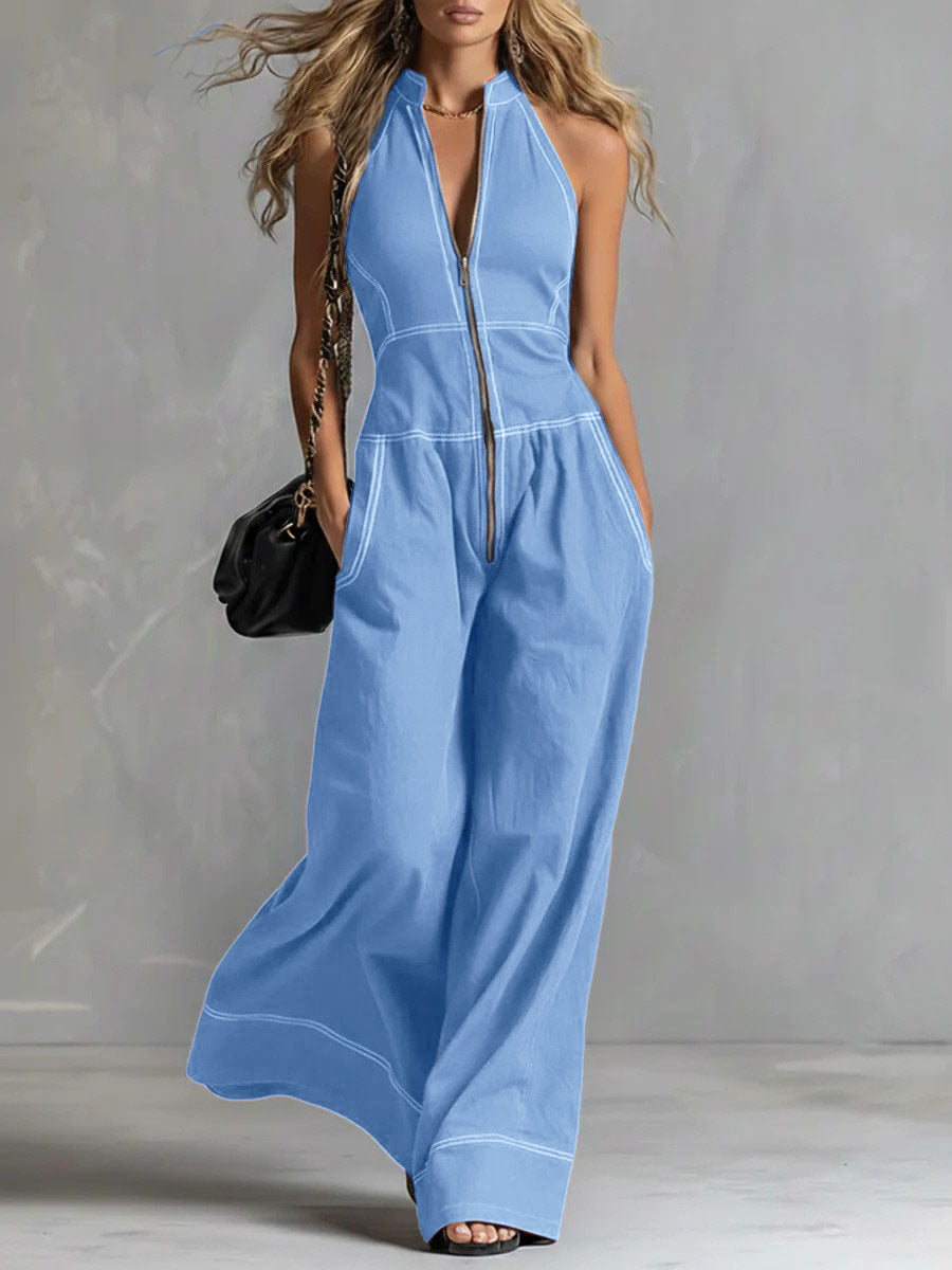 Womens Stand Collar Sleeveless Loose Pants