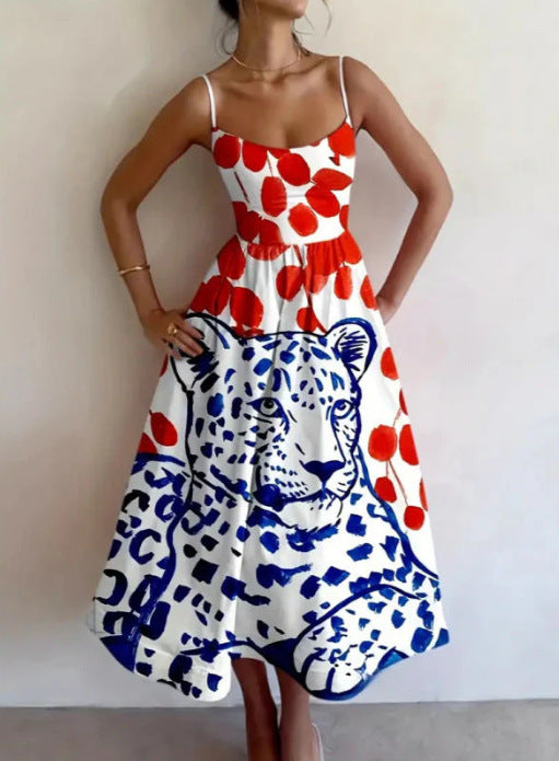 Womens Sleeveless Floral Print Shirt Collar Dress Long Dress