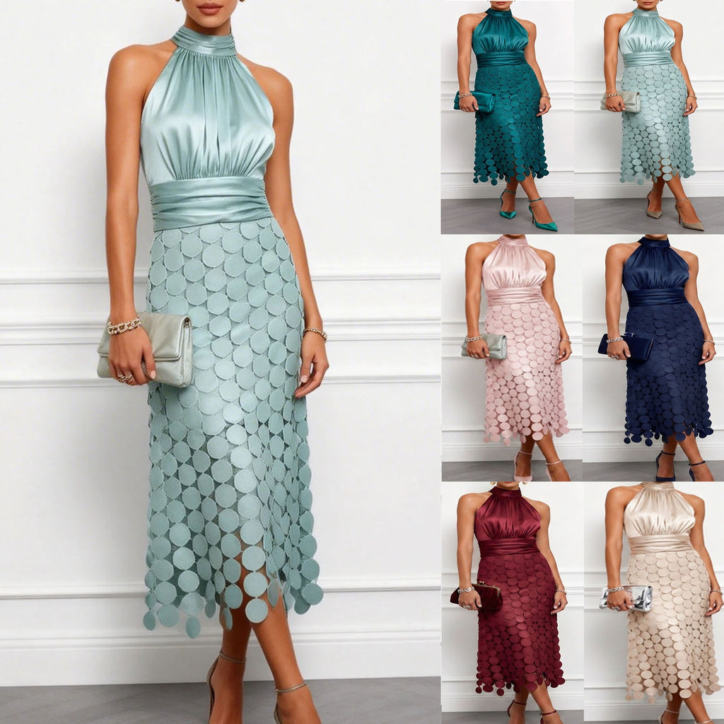 Women's Sleeveless High-Waisted Patchwork Polyester Mid-Length Dress