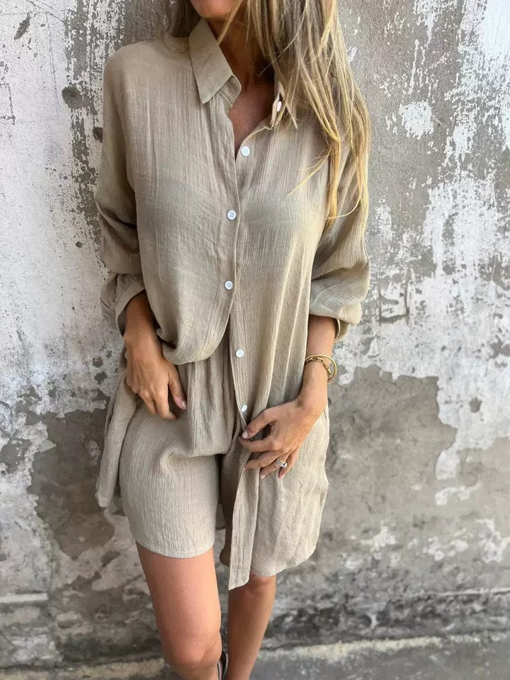 Women's Casual Cotton Linen Shirt and Shorts Set