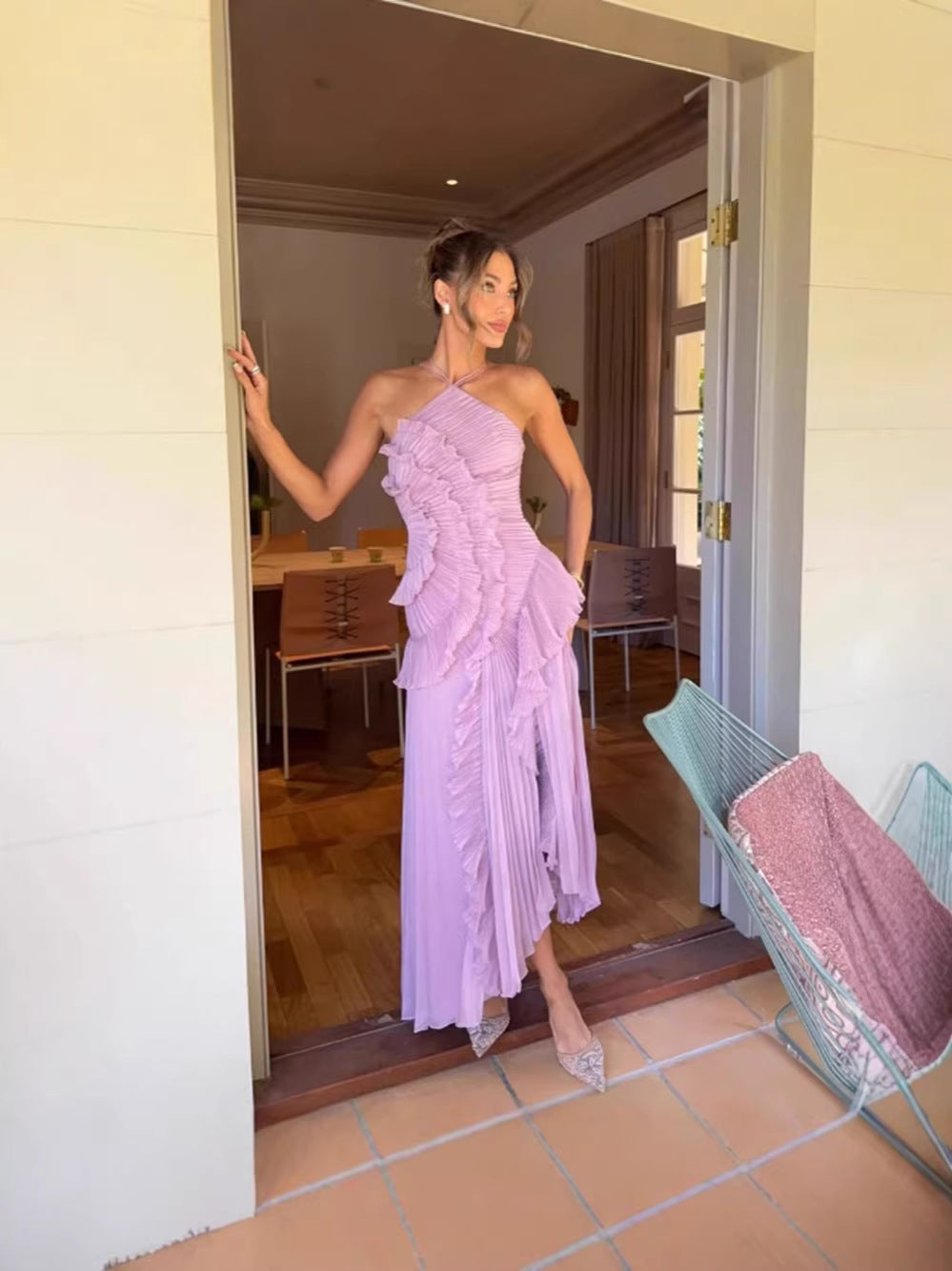Summer Pleated Halter Neck Backless Dress