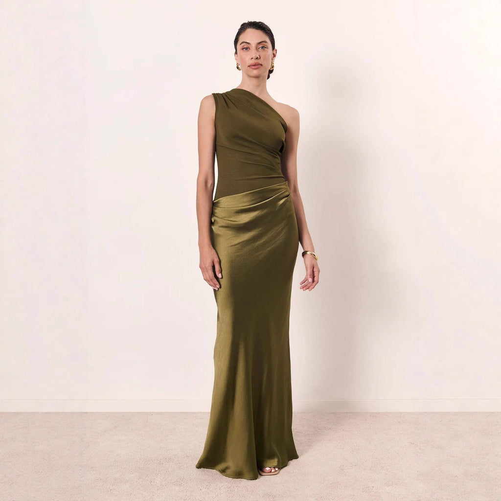 Diagonal Neckline Sleeveless Satin Long Dress