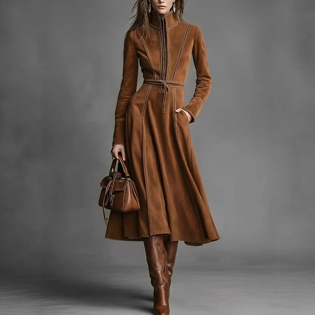 Women's Retro Suede Stand Collar Zipper A-Line Long Dress