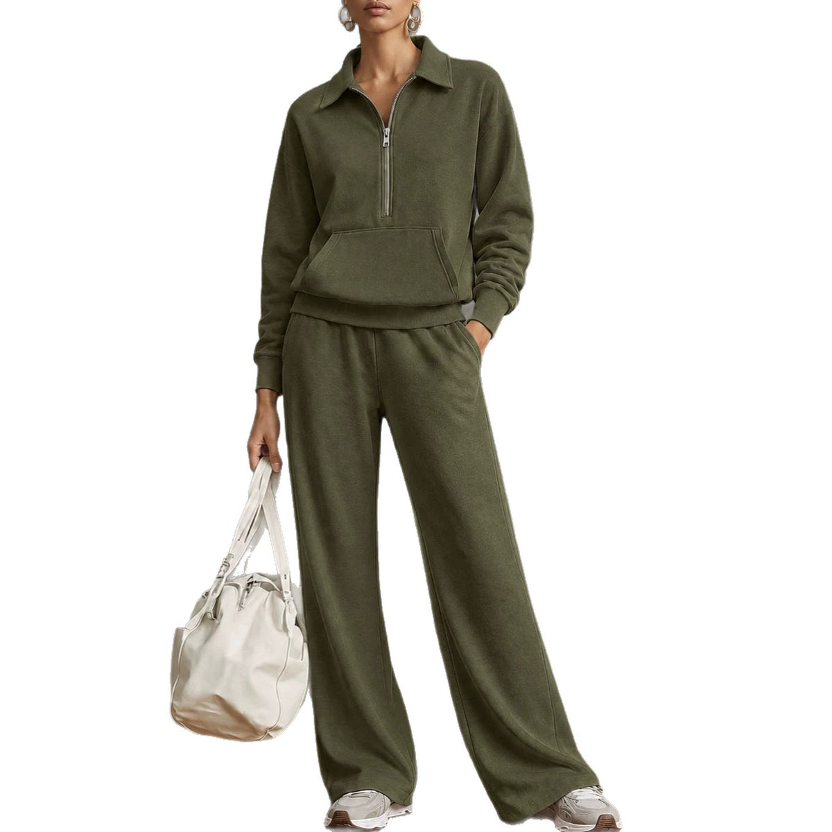 Women Two-Piece Half-Zip Sweatshirt and Wide-Leg Pants Set