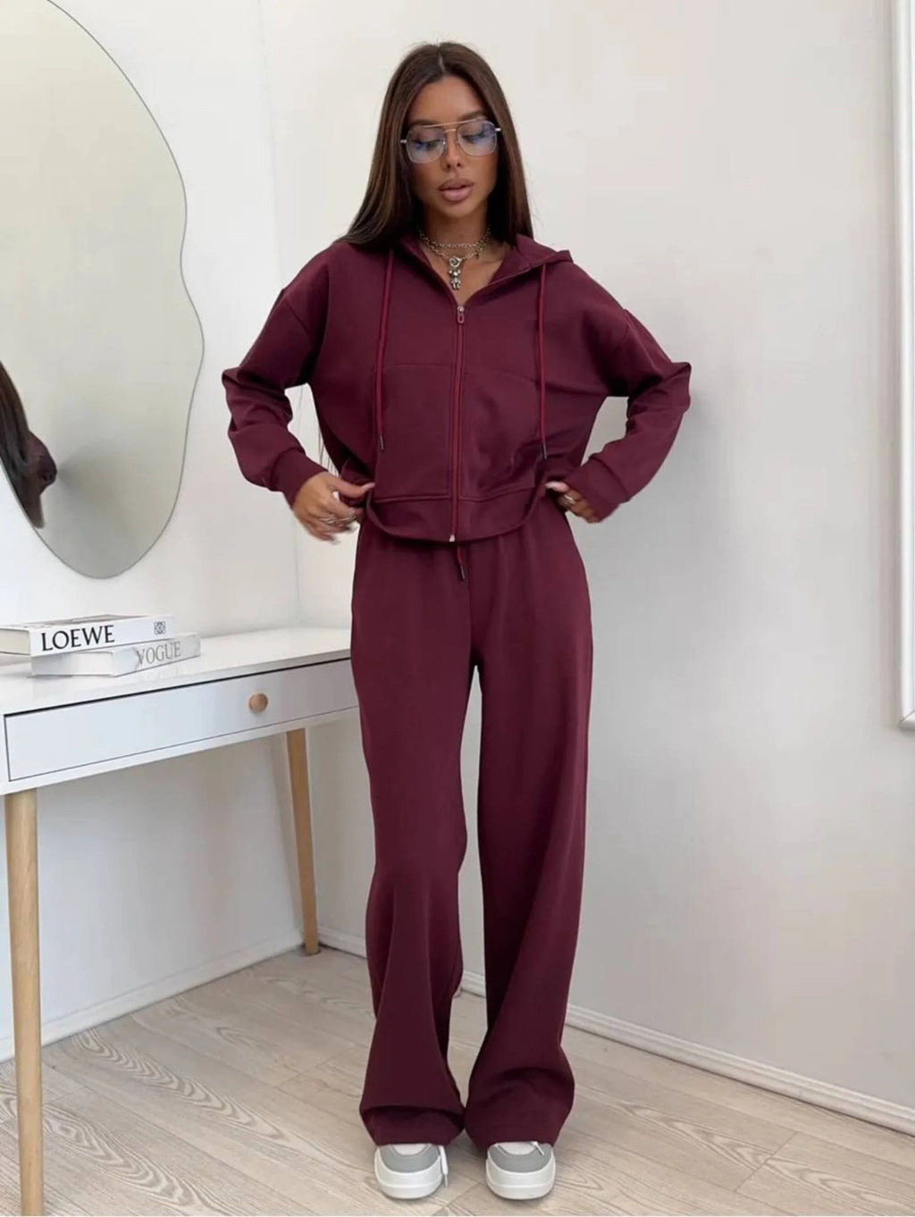 Womens Long Sleeve Hooded Sweatshirt and Trousers Set