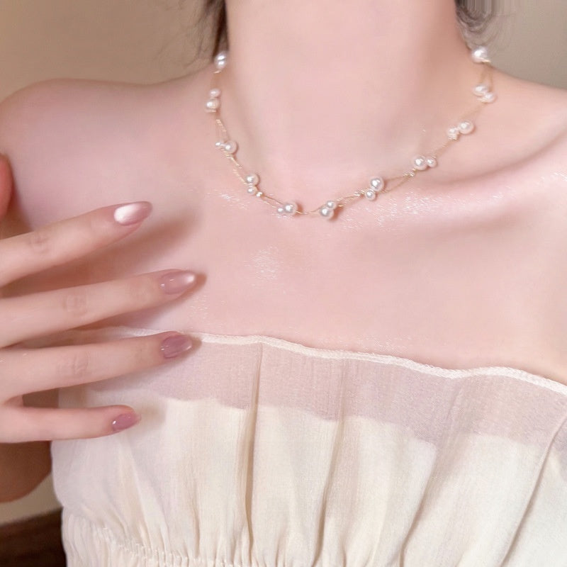 Double Layer Pearl Baby Breath Necklace