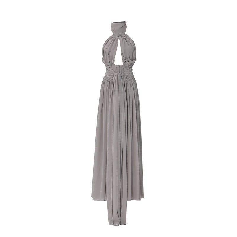 Women's Grey Halter Neck Hollow Out Backless Chiffon Evening Dress Long Gown