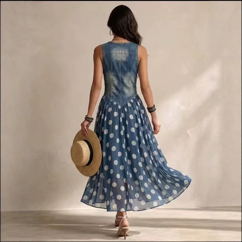 Fashion Casual Printed Faux Denim Top Polka Dot Skirt