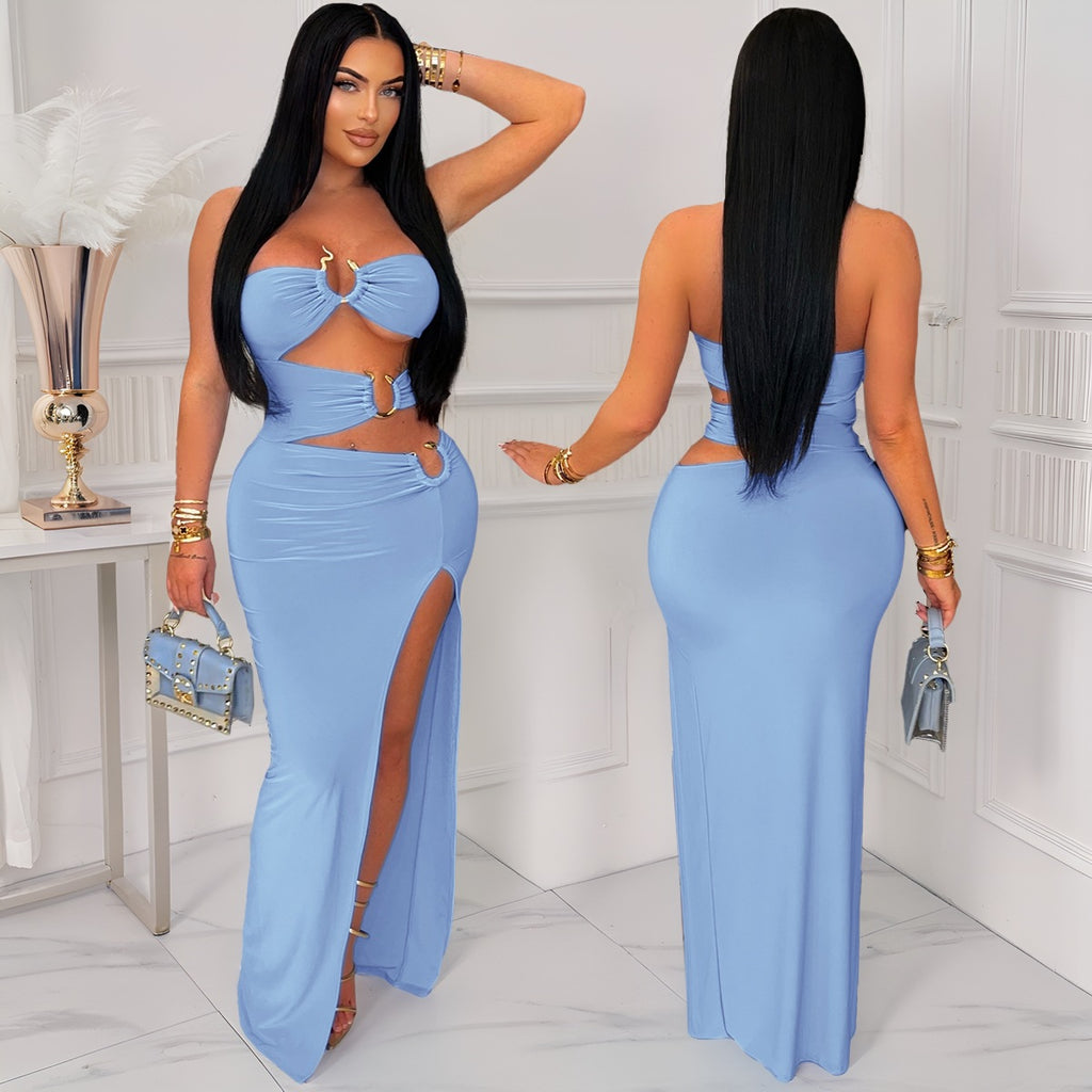 Hollow Metal Ring Bodycon Long Dress