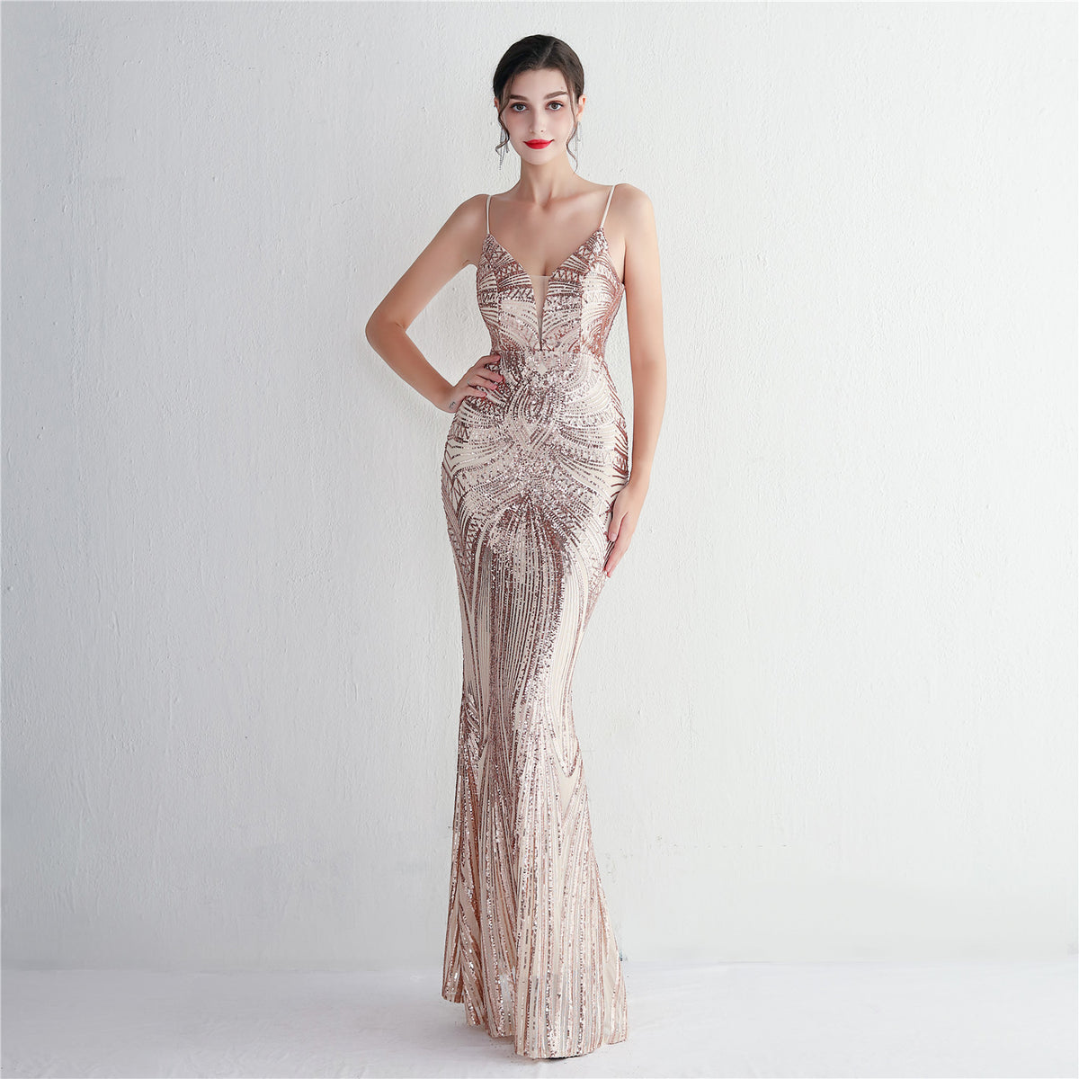 Elegant Sequined Evening Dress with Deep V-Neck