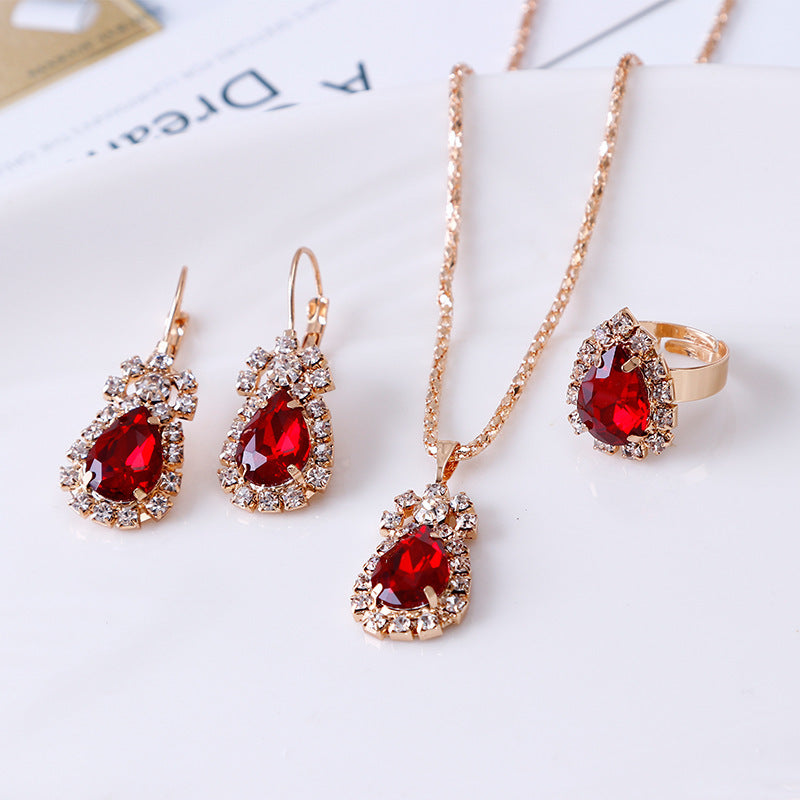European and American Personalized Water Drop Rhinestone Necklace Earrings Ring Set