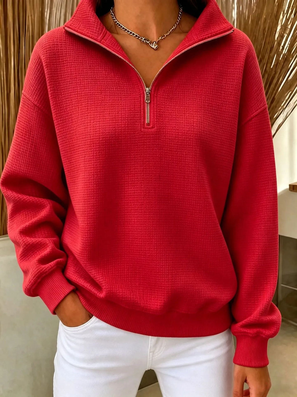 Women's Stand Collar Zip Long Sleeve Waffle Knit Patchwork Sweatshirt