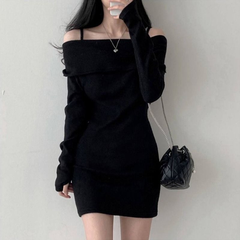Women's Off-Shoulder Ribbed Knit Hip-Hugging Short Dress
