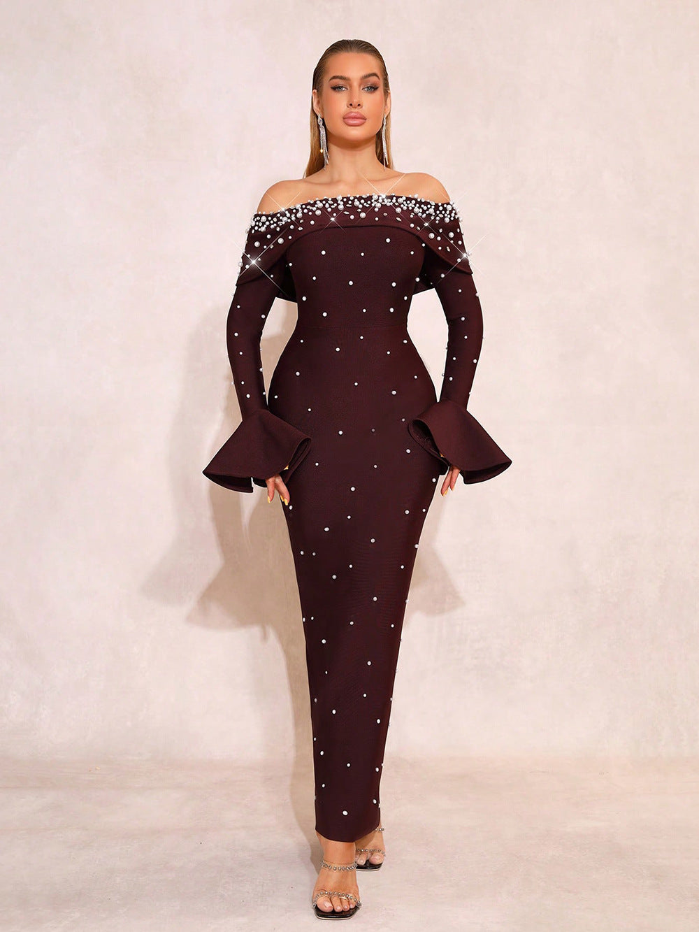 Women's Off-Shoulder Beaded Bell Sleeve Bandage Formal Dress