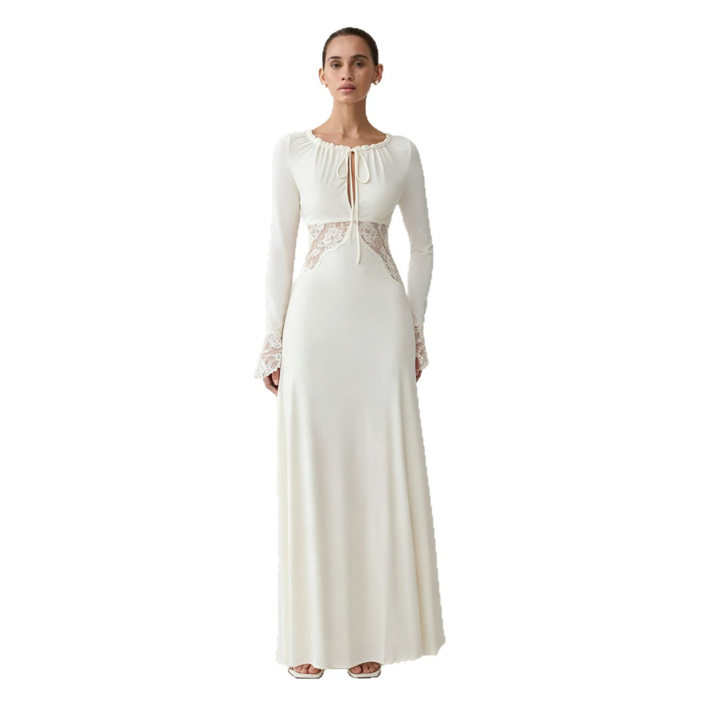 Women's Elegant Lace Patchwork Long Sleeve High-Waist Dress