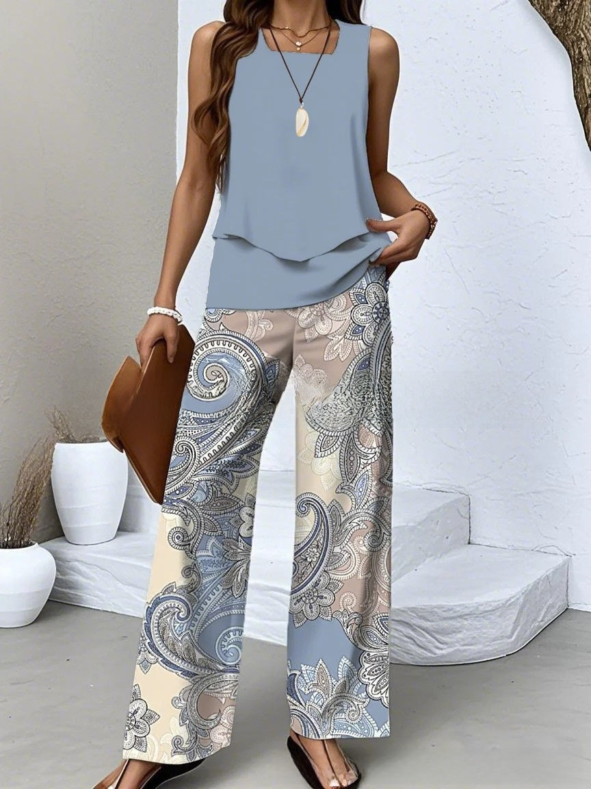 Womens Sleeveless Double-Layer Vest Top and Pants Set