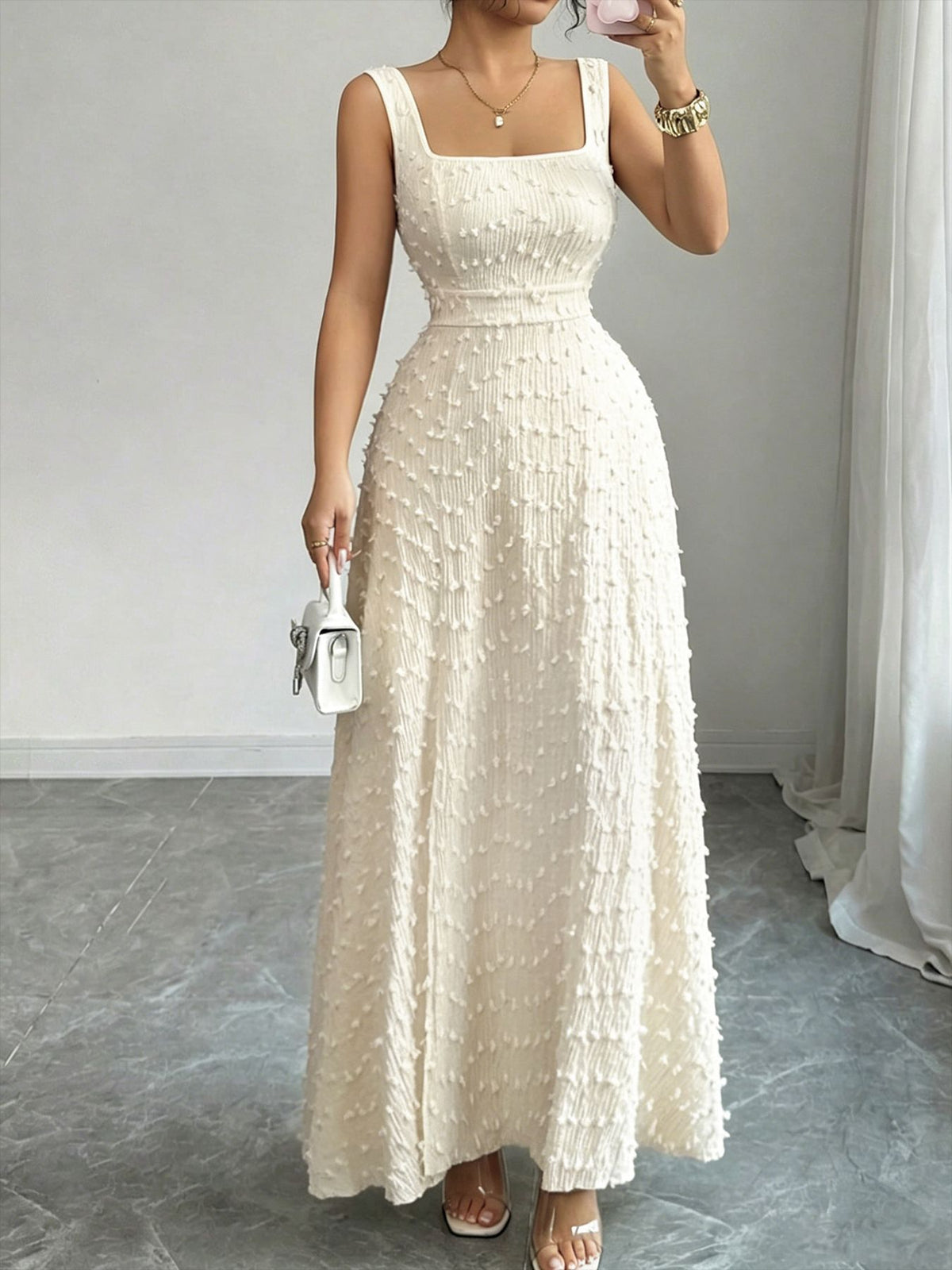 Square-Neck Jacquard Long Dress