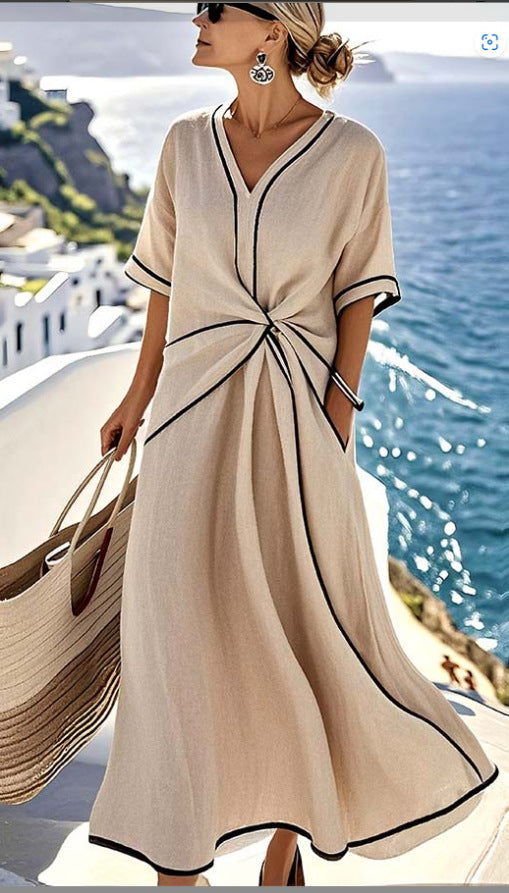 Womens Elegant V-Neck Short Sleeve A-Line Dress Loose Fit