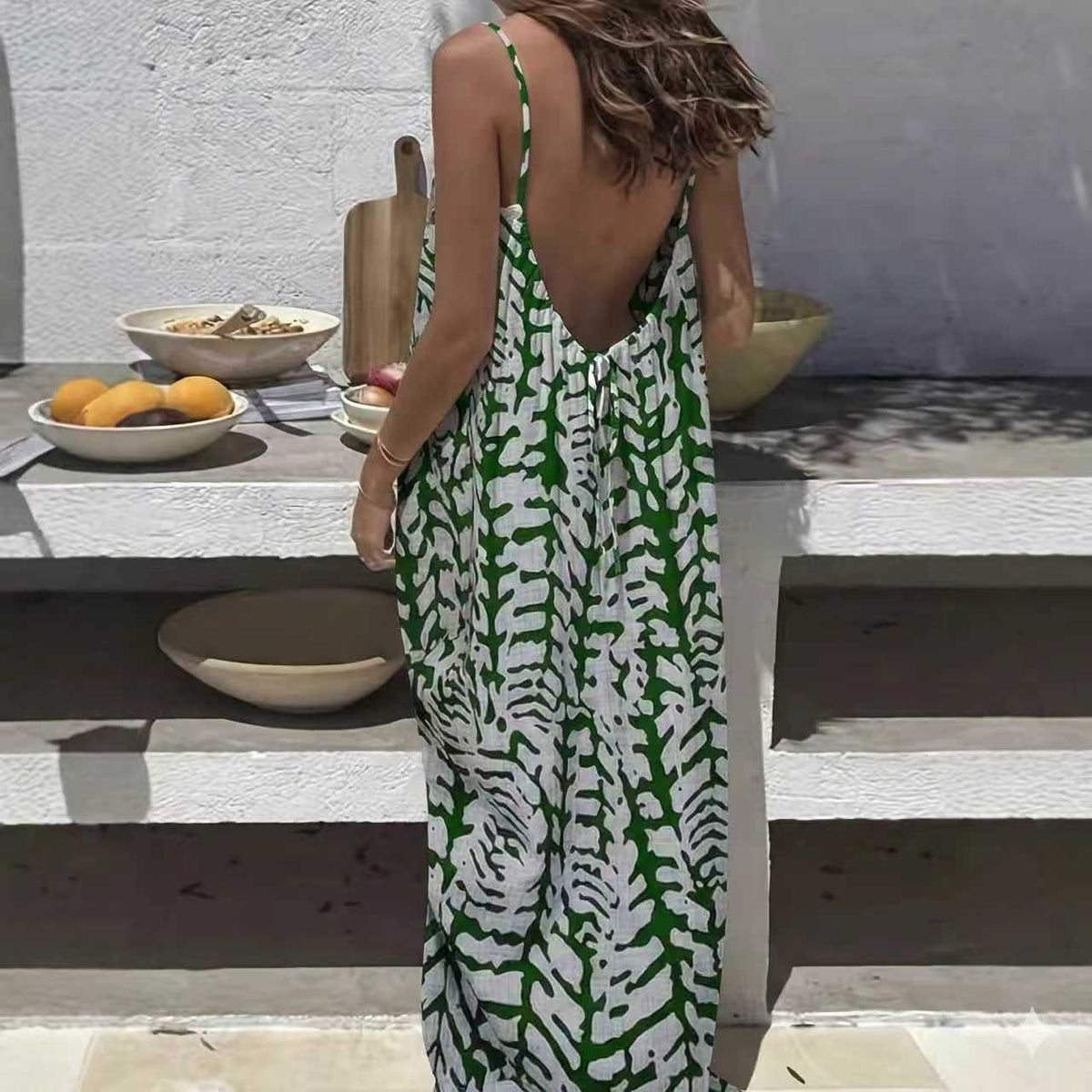 Womens Backless Loose Print Slip Dress