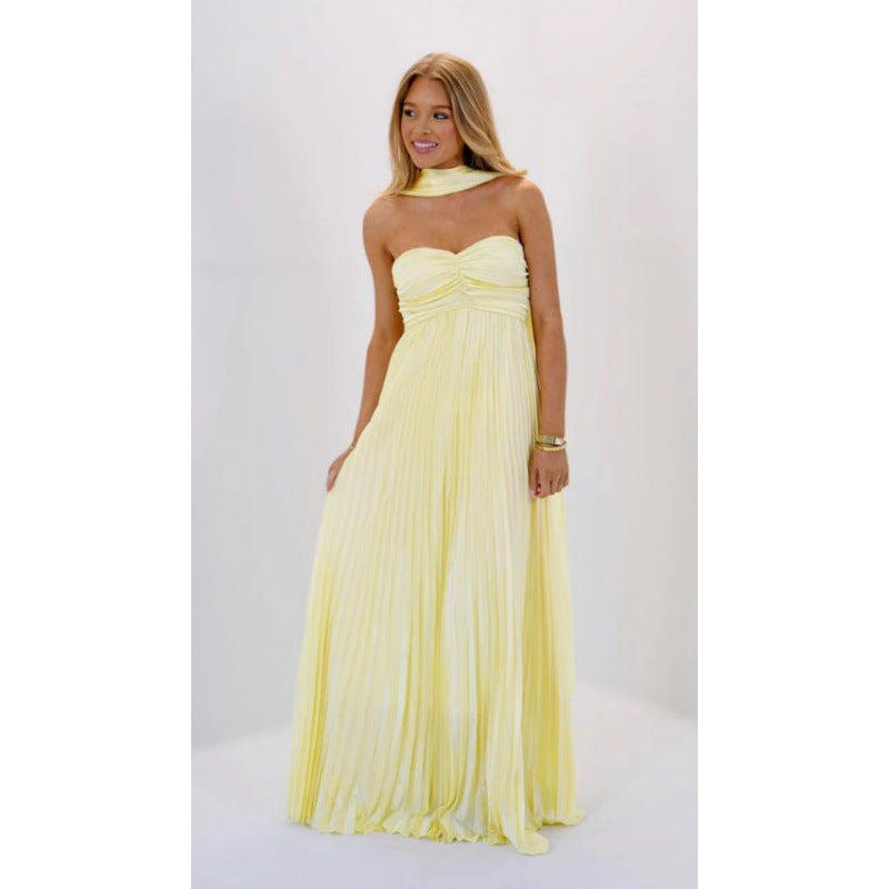 Elegant Pleated Halter Neck Dress