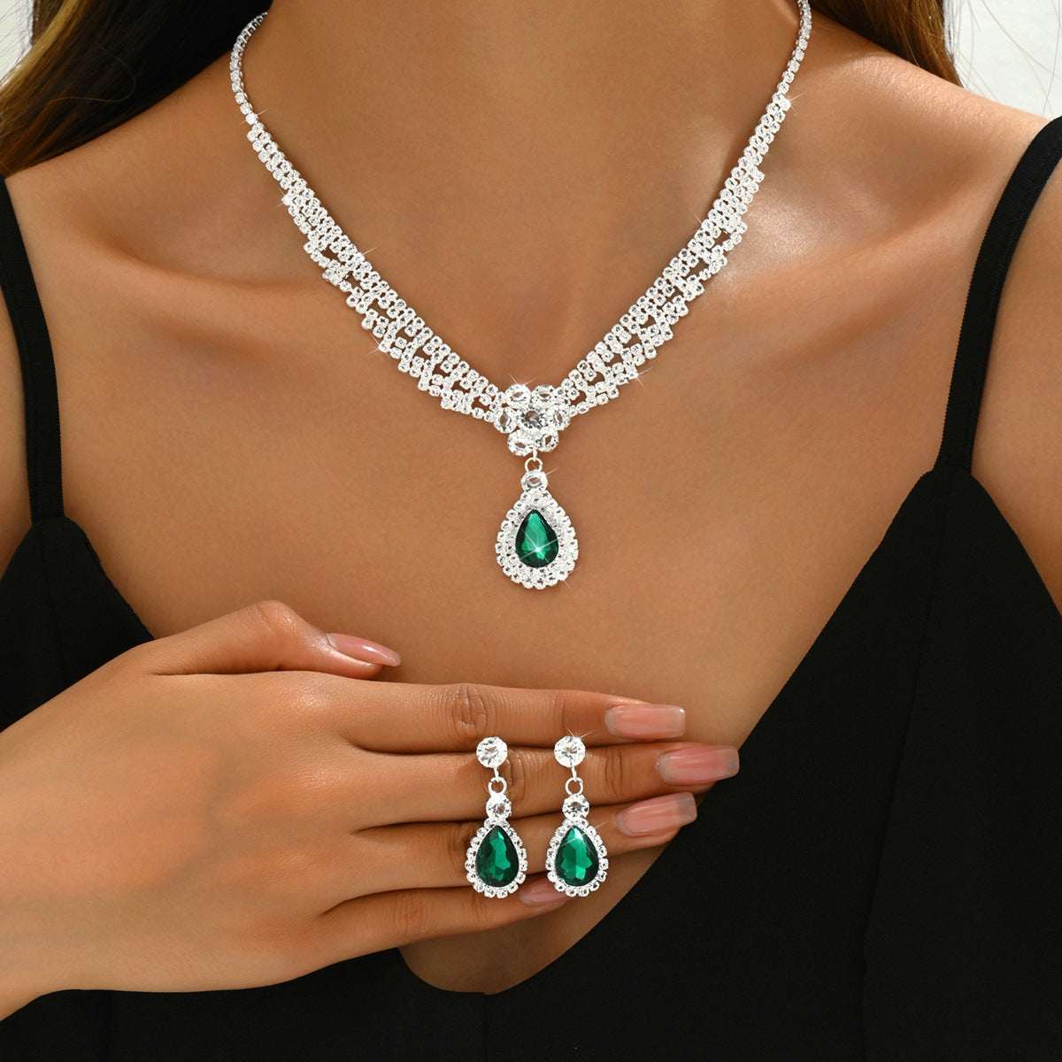 Diamond Drop Flower Necklace Earrings