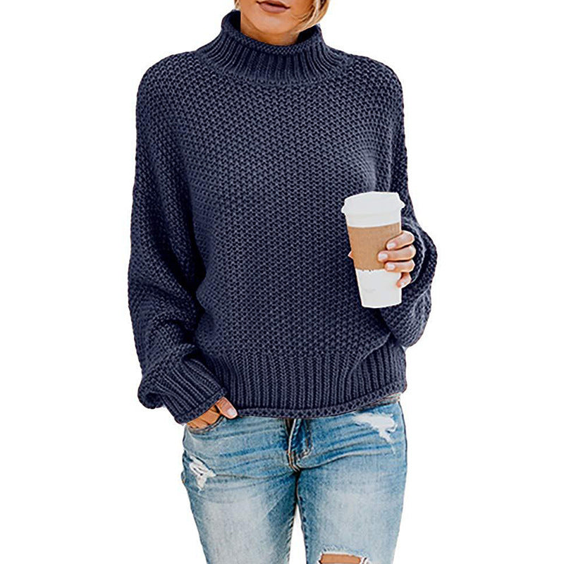 Womens Turtleneck Sweater Loose Fit Solid Color Oversized Knit Pullover