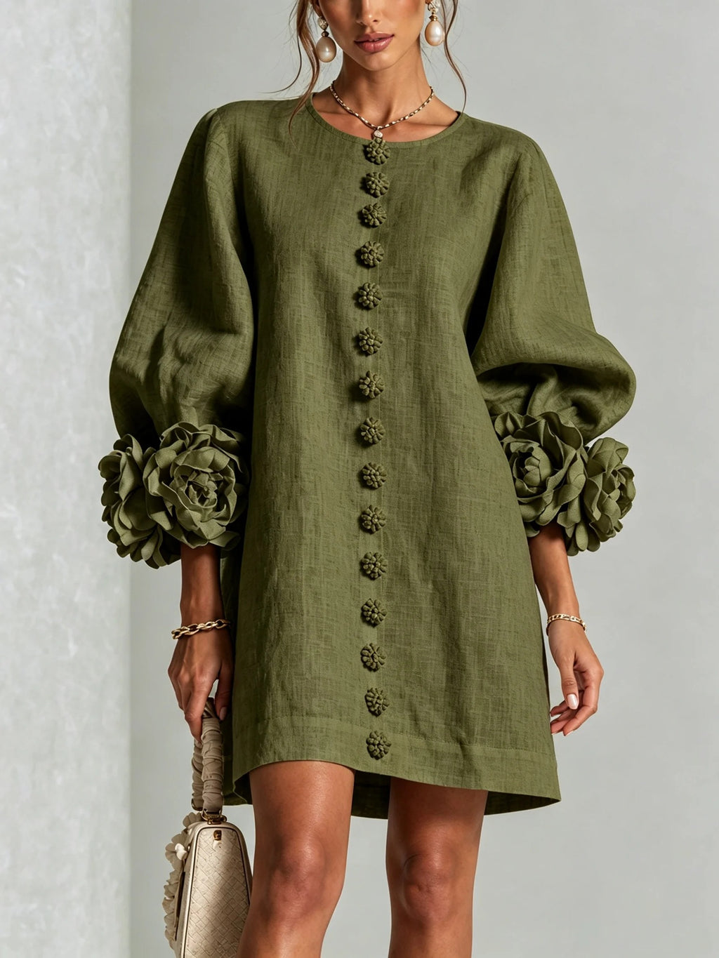 French Floral Cotton Linen A-Line Dress