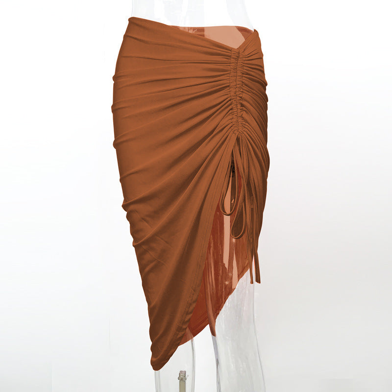 Sexy, body-hugging, asymmetrical skirt; trendy drawstring midi skirt